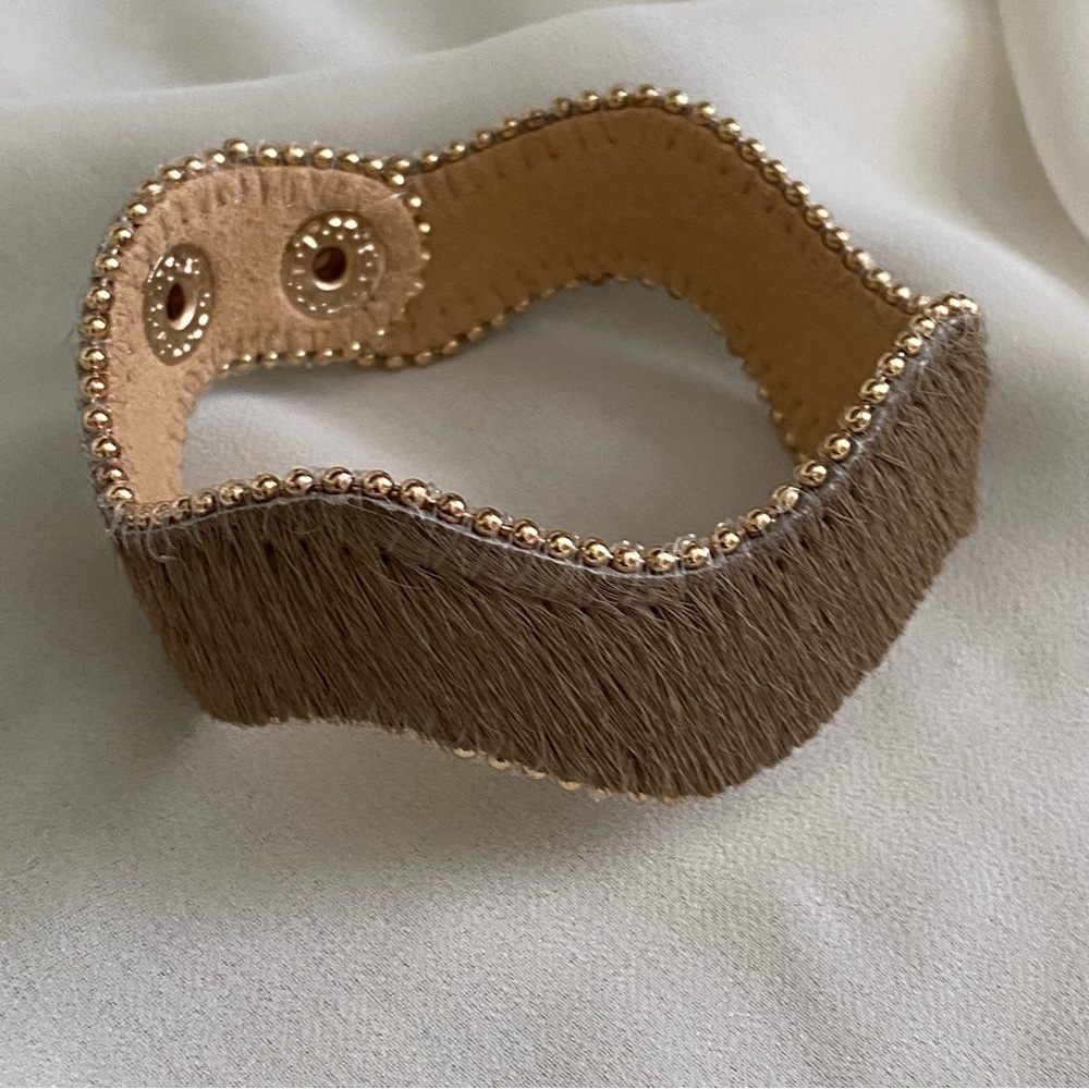 Beige Faux Fur Cuff Bracelet with Gold Beaded Trim
